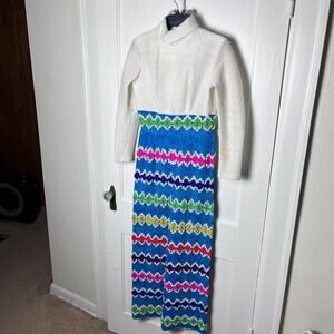 Vintage Mod 60s Colorful Knit Striped Long Sleeve Hostess Dress Gown Size Small